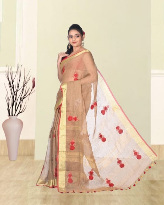 Beige Colour Zari Border Organic Linen with Hand Applique Work in the Body