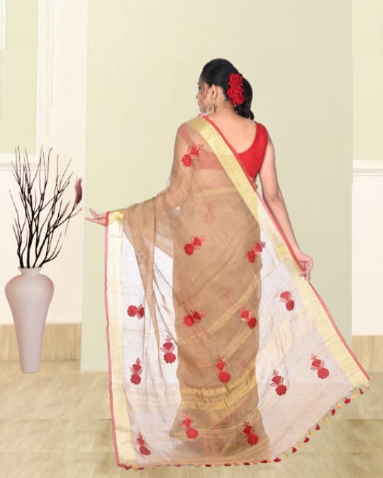 Beige Colour Zari Border Organic Linen with Hand Applique Work in the Body
