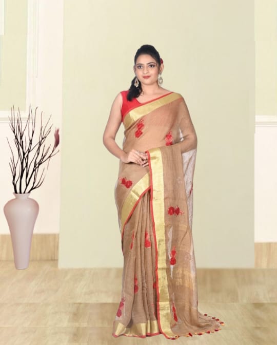 Beige Colour Zari Border Organic Linen with Hand Applique Work in the Body