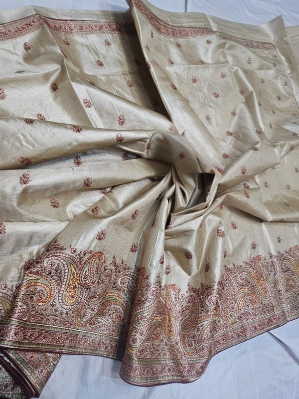 Kashmiri Embroidery Work on Tussar by Mulberry Silk Saree