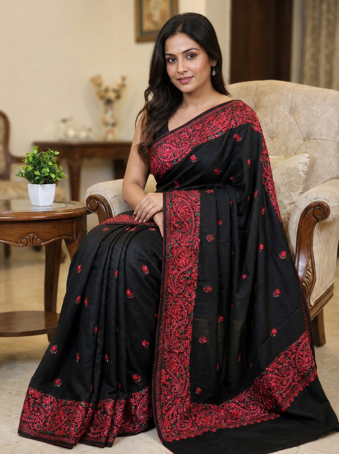Black Tussar Silk Saree with Red Embroidery Work in the Border and Body