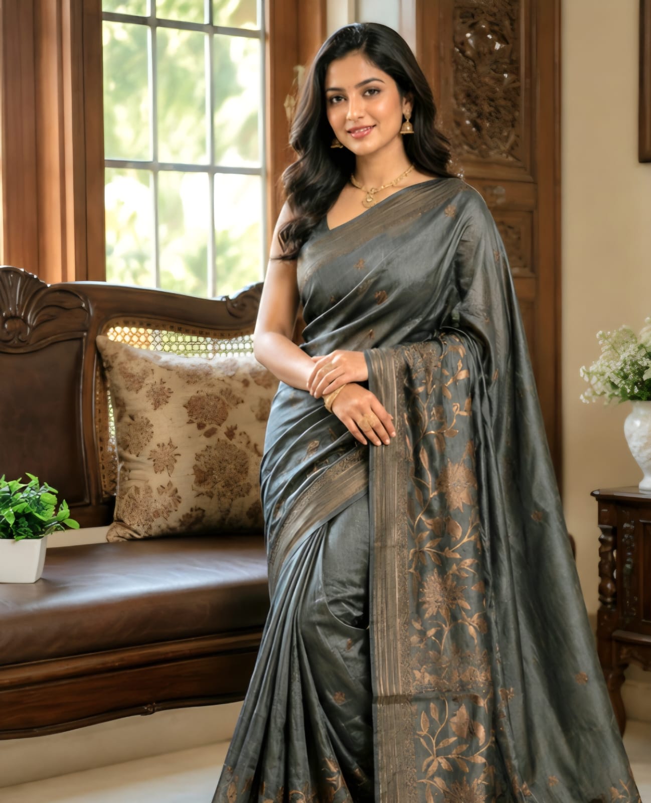 Black Katan Silk with Embroidery Work in the Border and Anchal, Small Embroidered motifs in the body