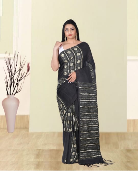 White Colour Hand Kantha Embroidery Work on Black Colour 3ply Bangalore Silk