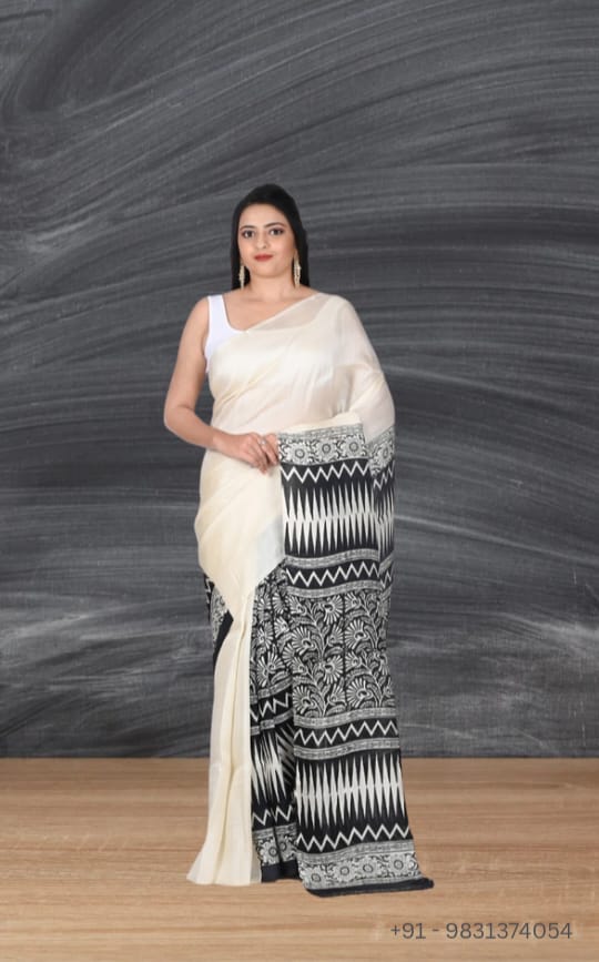 White and Black Hand Block Printed Mulberry Silk Katan
