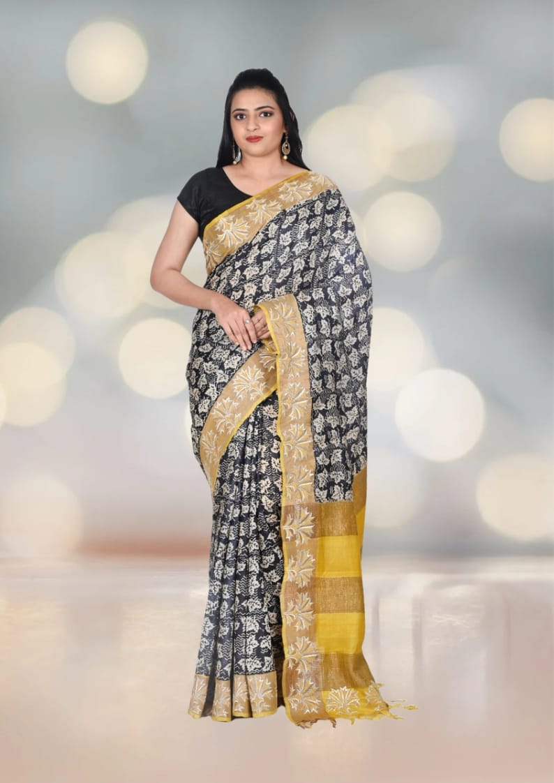 Black and Yellow Hand Block Printed Ganchi Tussar Silk with Embroiderd Zari Border Zari Border