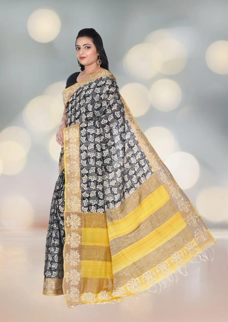 Black and Yellow Hand Block Printed Ganchi Tussar Silk with Embroiderd Zari Border Zari Border