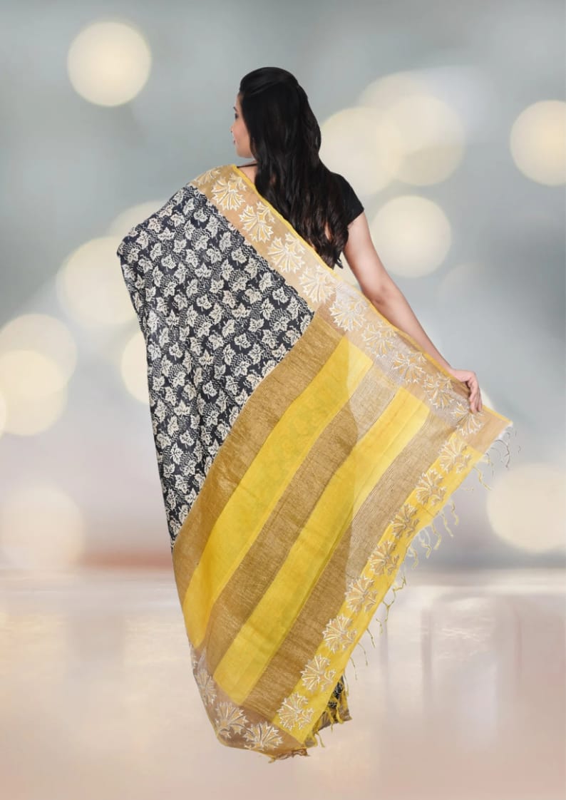 Black and Yellow Hand Block Printed Ganchi Tussar Silk with Embroiderd Zari Border Zari Border