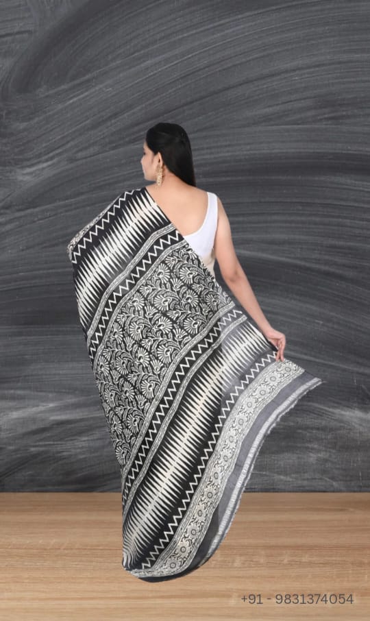 White and Black Hand Block Printed Mulberry Silk Katan