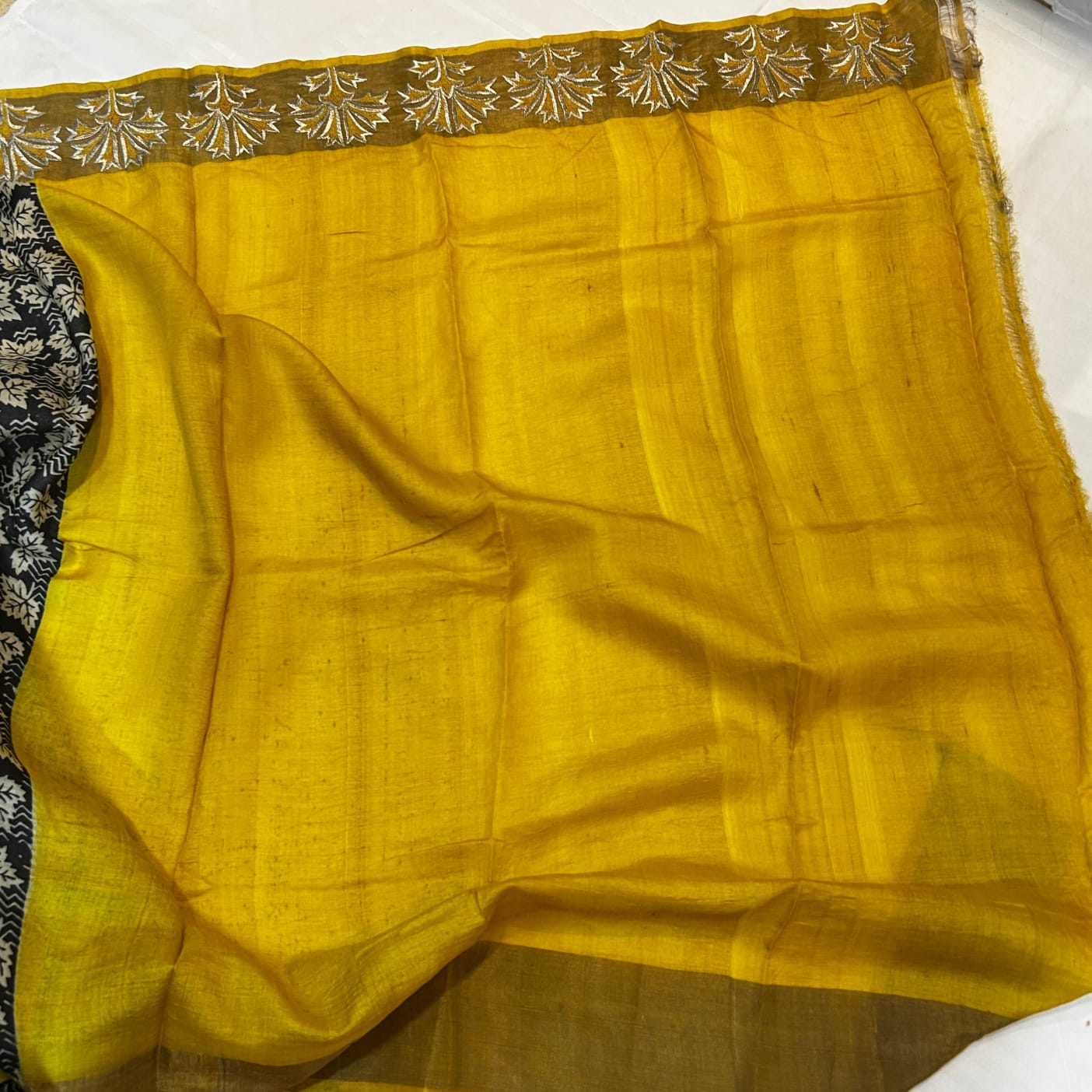 Black and Yellow Hand Block Printed Ganchi Tussar Silk with Embroiderd Zari Border Zari Border