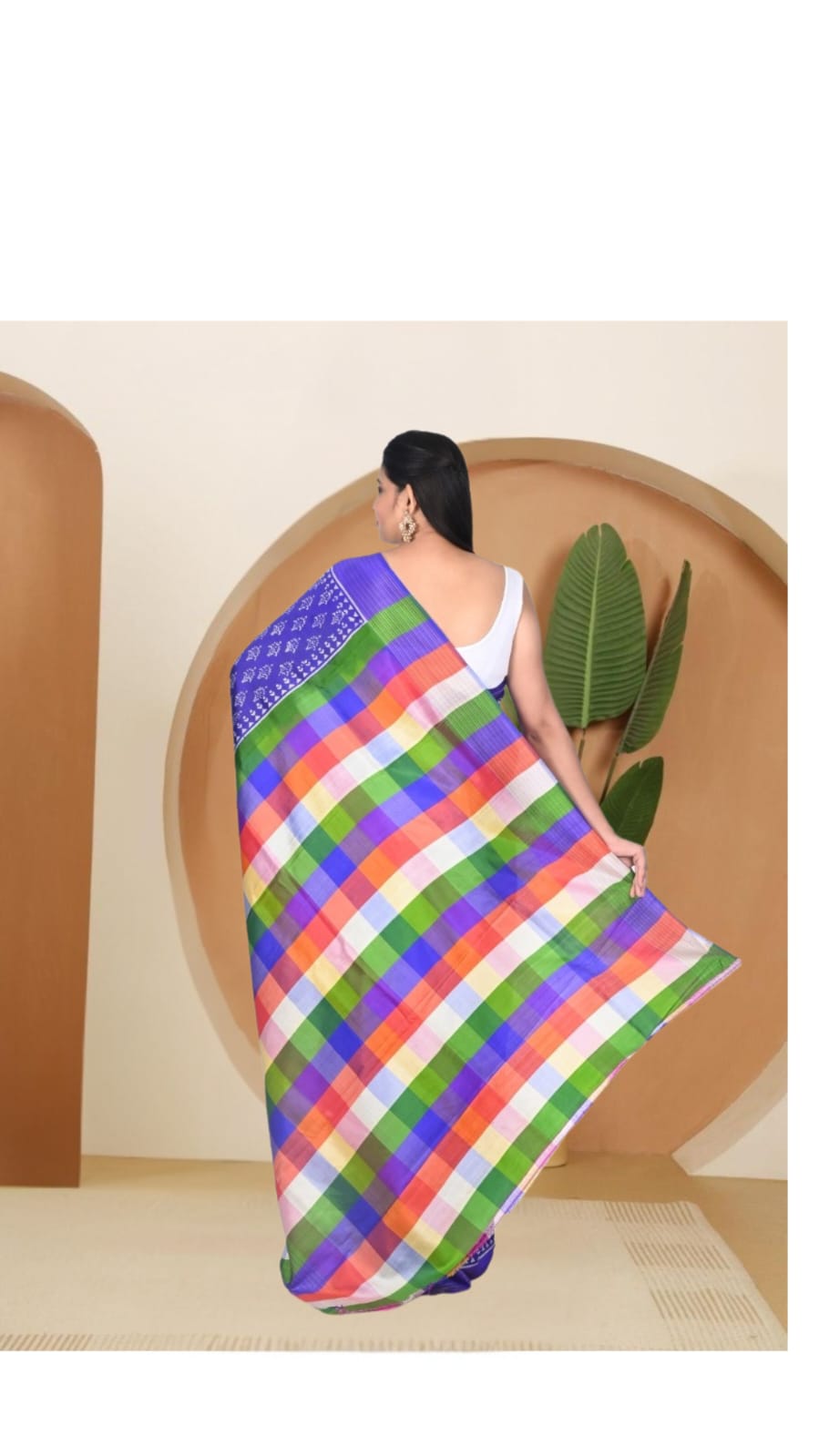 Blue Colour Hand Block Printed Mulberry Katan Silk with Checks Design in Pleates and Anchal