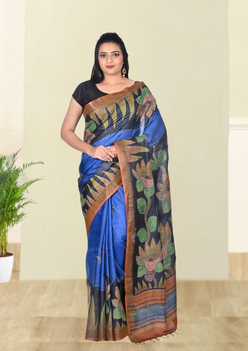 Hand Kantha Embroidery Work on Blue Colour Hand Brush Painted Tussar Silk Saree