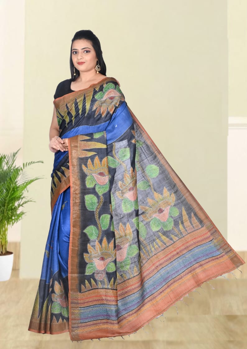 Hand Kantha Embroidery Work on Blue Colour Hand Brush Painted Tussar Silk Saree