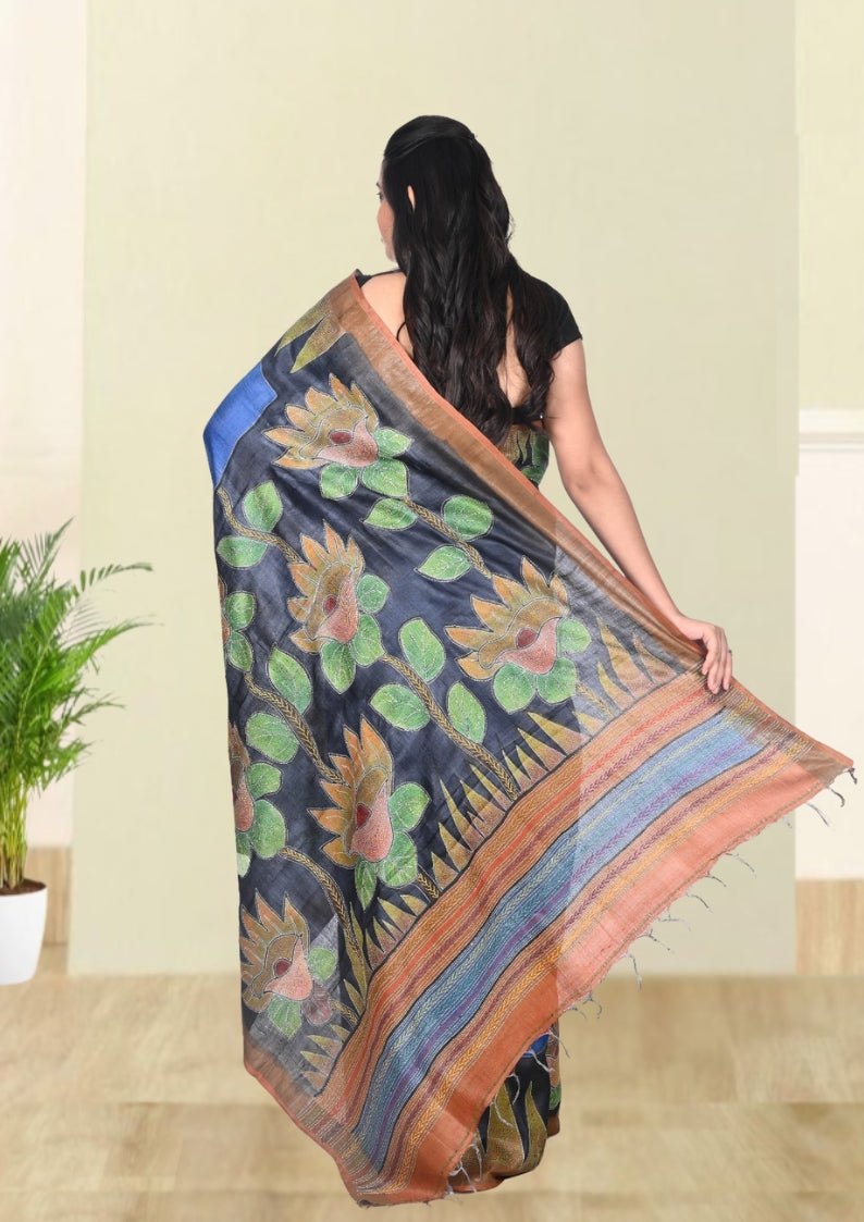 Hand Kantha Embroidery Work on Blue Colour Hand Brush Painted Tussar Silk Saree