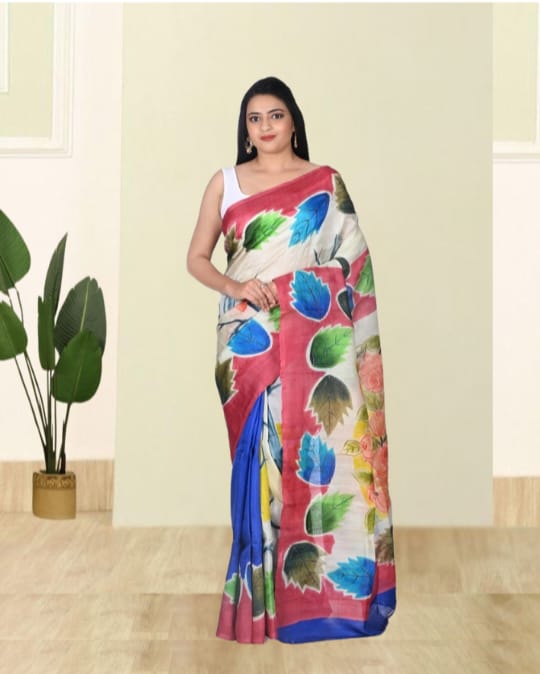 Blue White Red Hand Brush Painted Mulberry Katan Silk with Embroidery Work on the Design