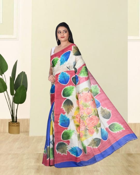 Blue White Red Hand Brush Painted Mulberry Katan Silk with Embroidery Work on the Design