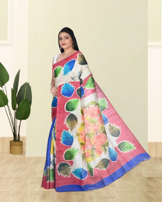 Blue White Red Hand Brush Painted Mulberry Katan Silk with Embroidery Work on the Design