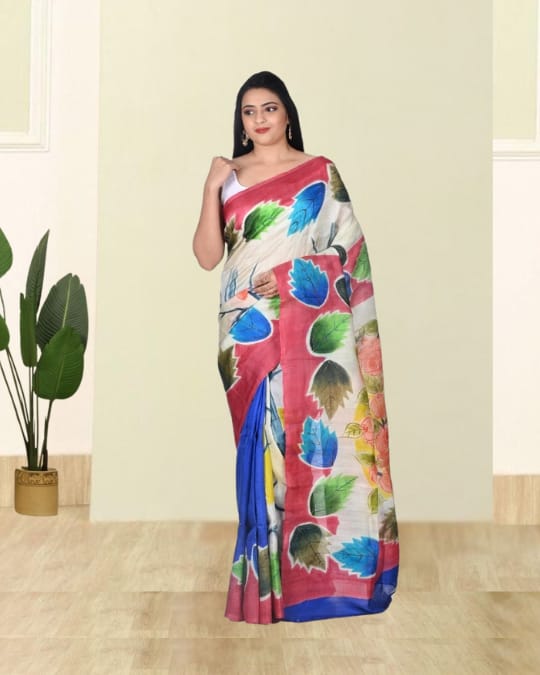 Blue White Red Hand Brush Painted Mulberry Katan Silk with Embroidery Work on the Design