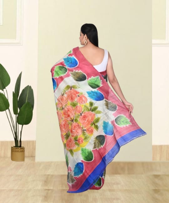Blue White Red Hand Brush Painted Mulberry Katan Silk with Embroidery Work on the Design