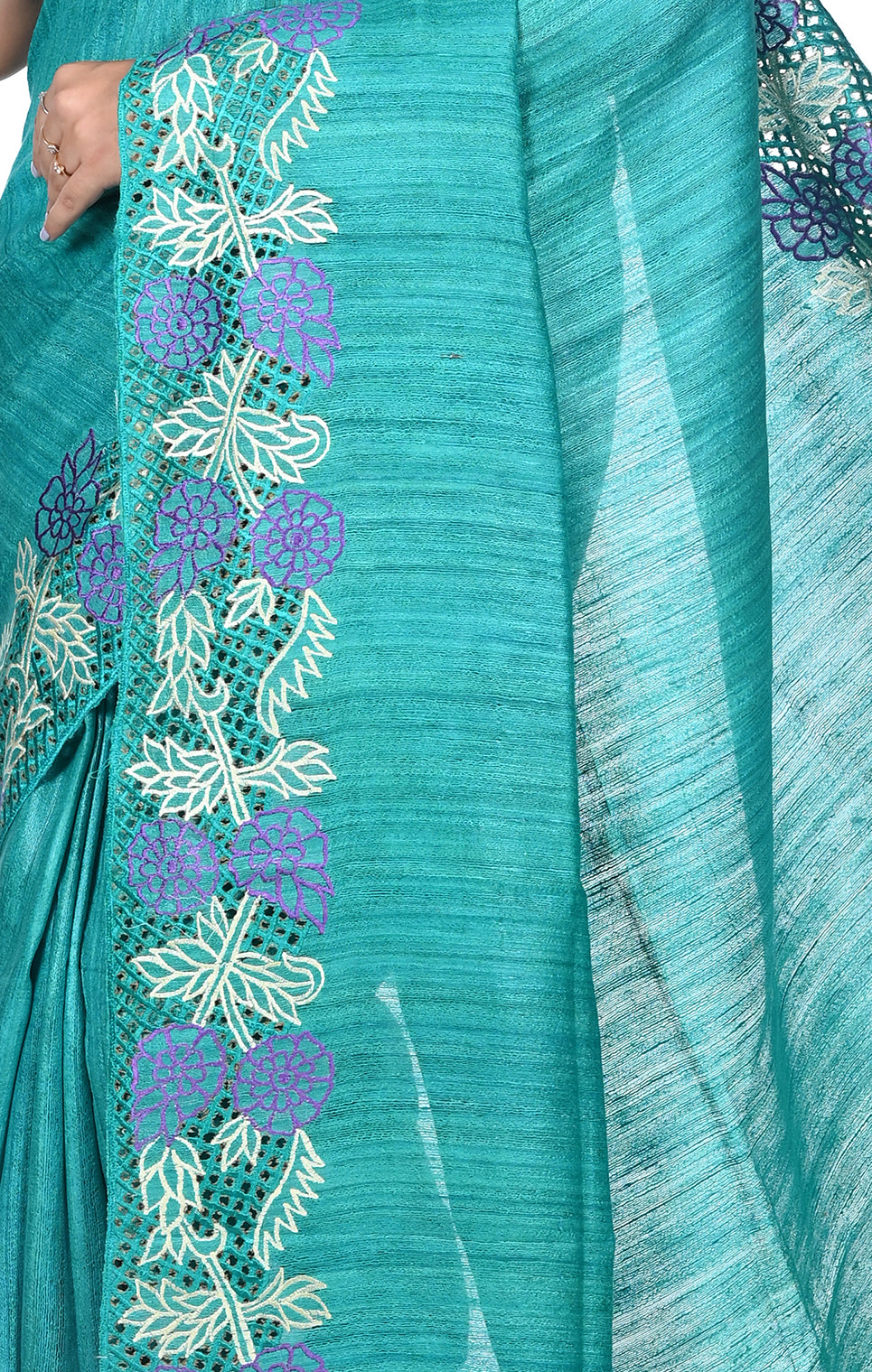 Hand Cut Work Embroidery Gheecha Tussar Silk Saree