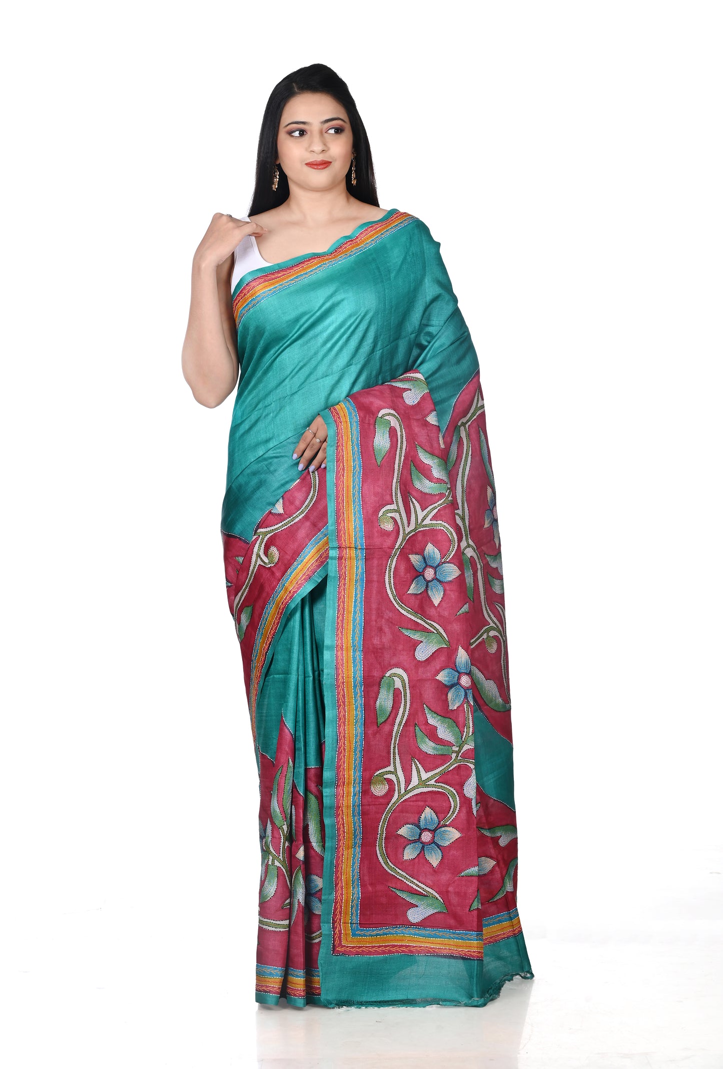 Hand Katha Embroidery Work on Teal Blue Colour Hand Brush Painted Ganchi Tussar