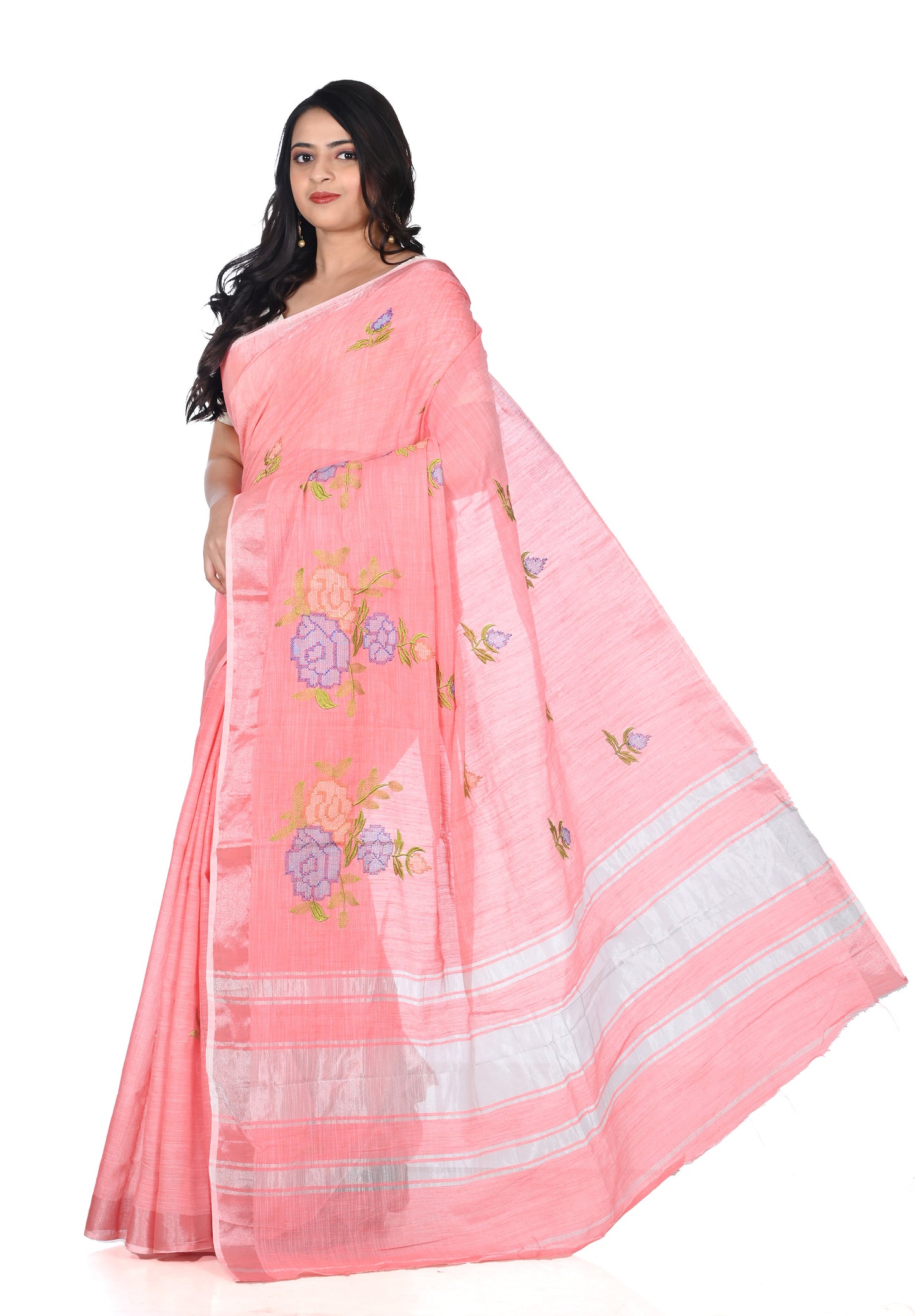 Light Orange Embroidered Linen Saree