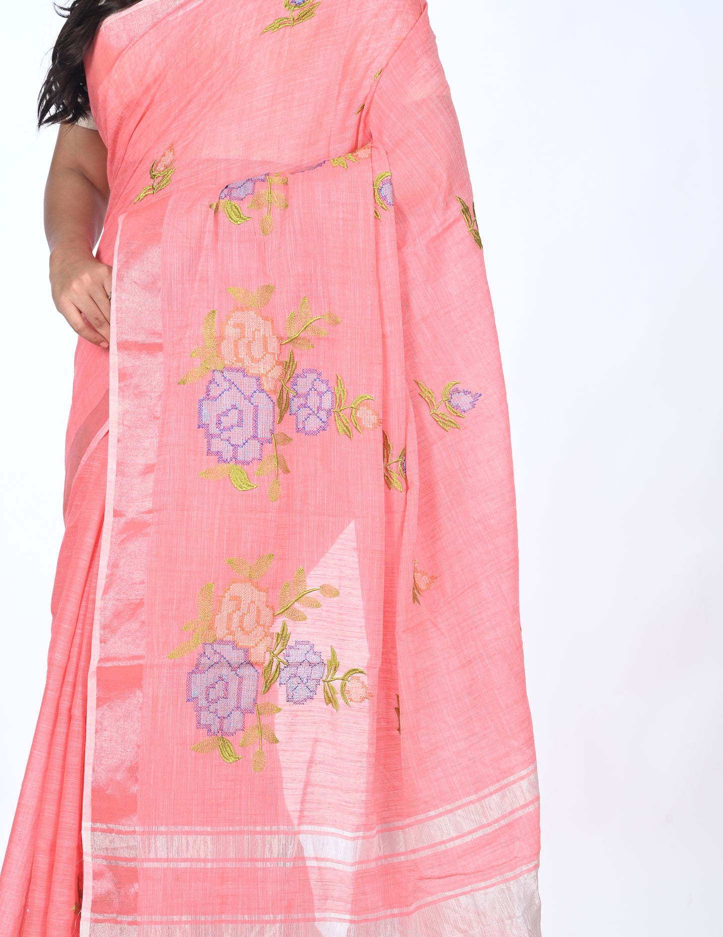 Light Orange Embroidered Linen Saree