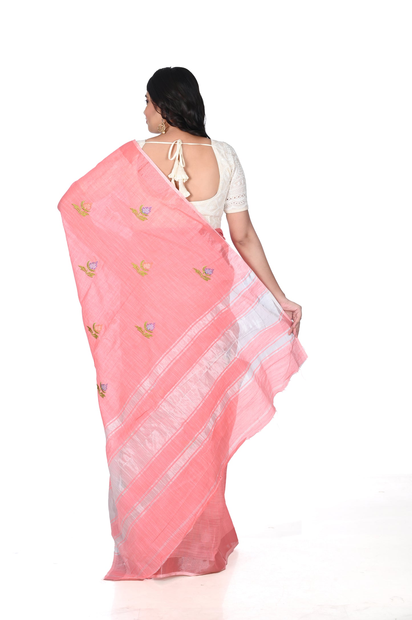 Light Orange Embroidered Linen Saree