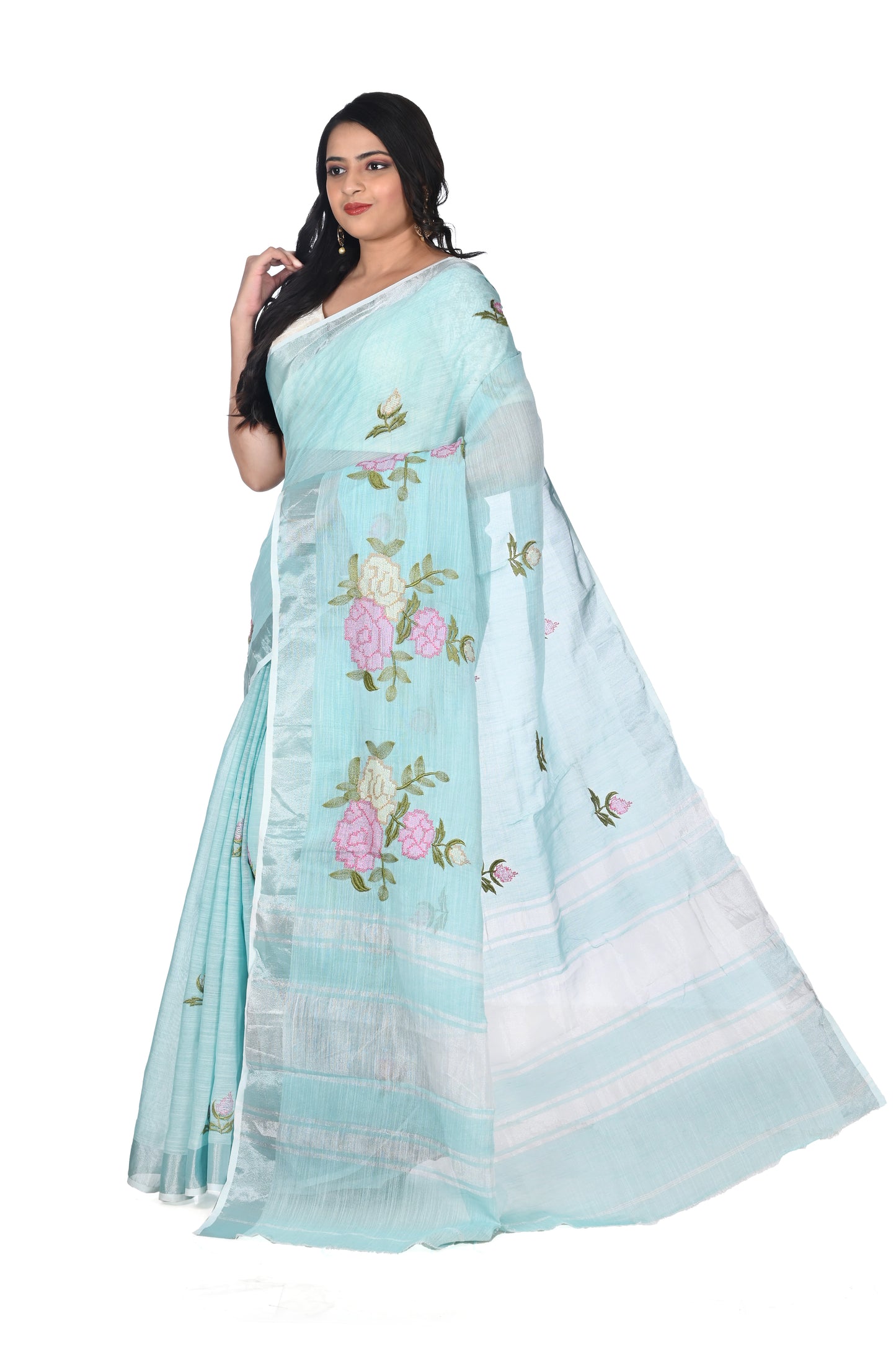 Sea Blue Colour Embroidered Linen Saree