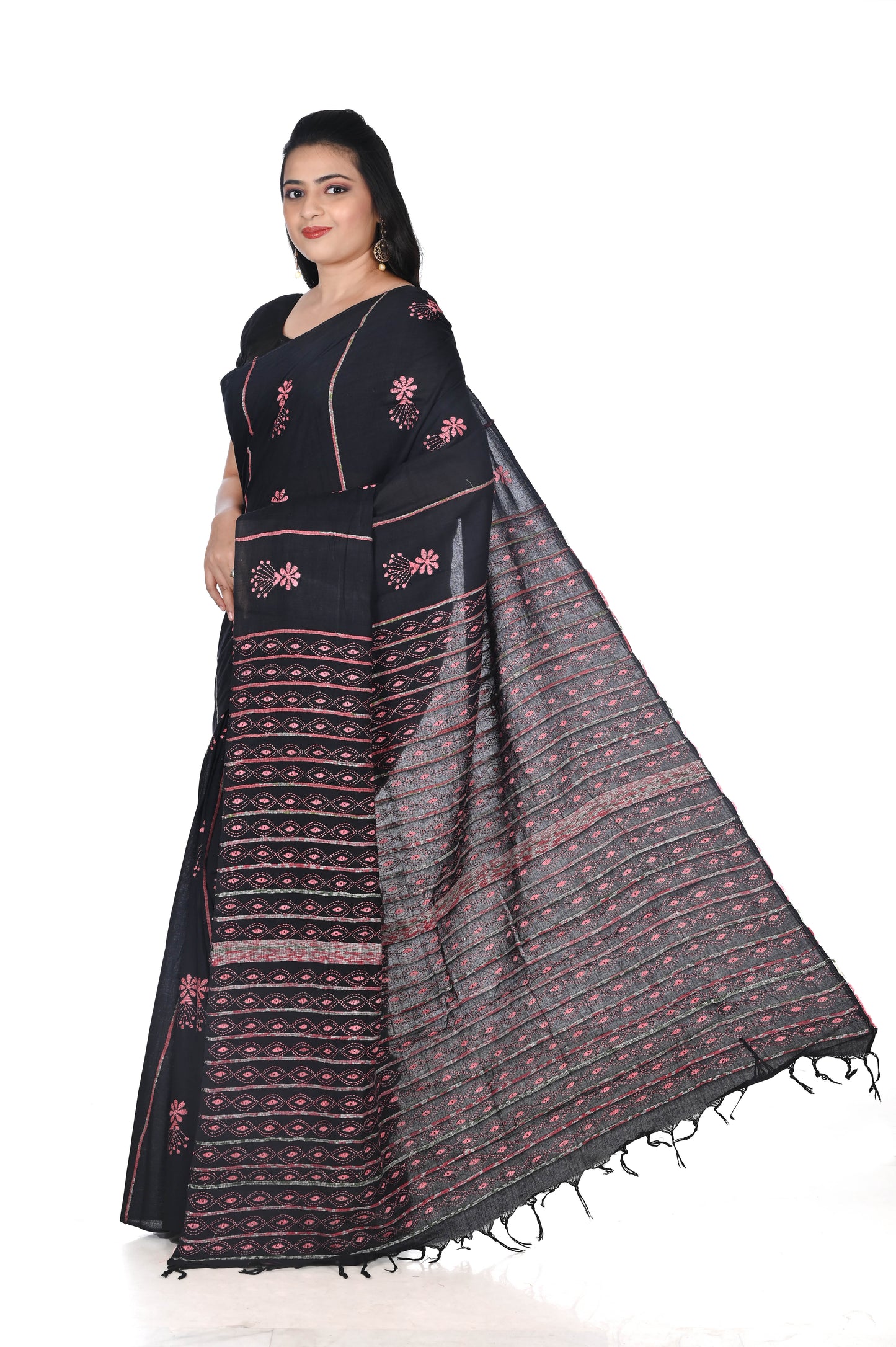 Pink Colour Hand Kantha Embroidery Work on Black Khadi Cotton Saree