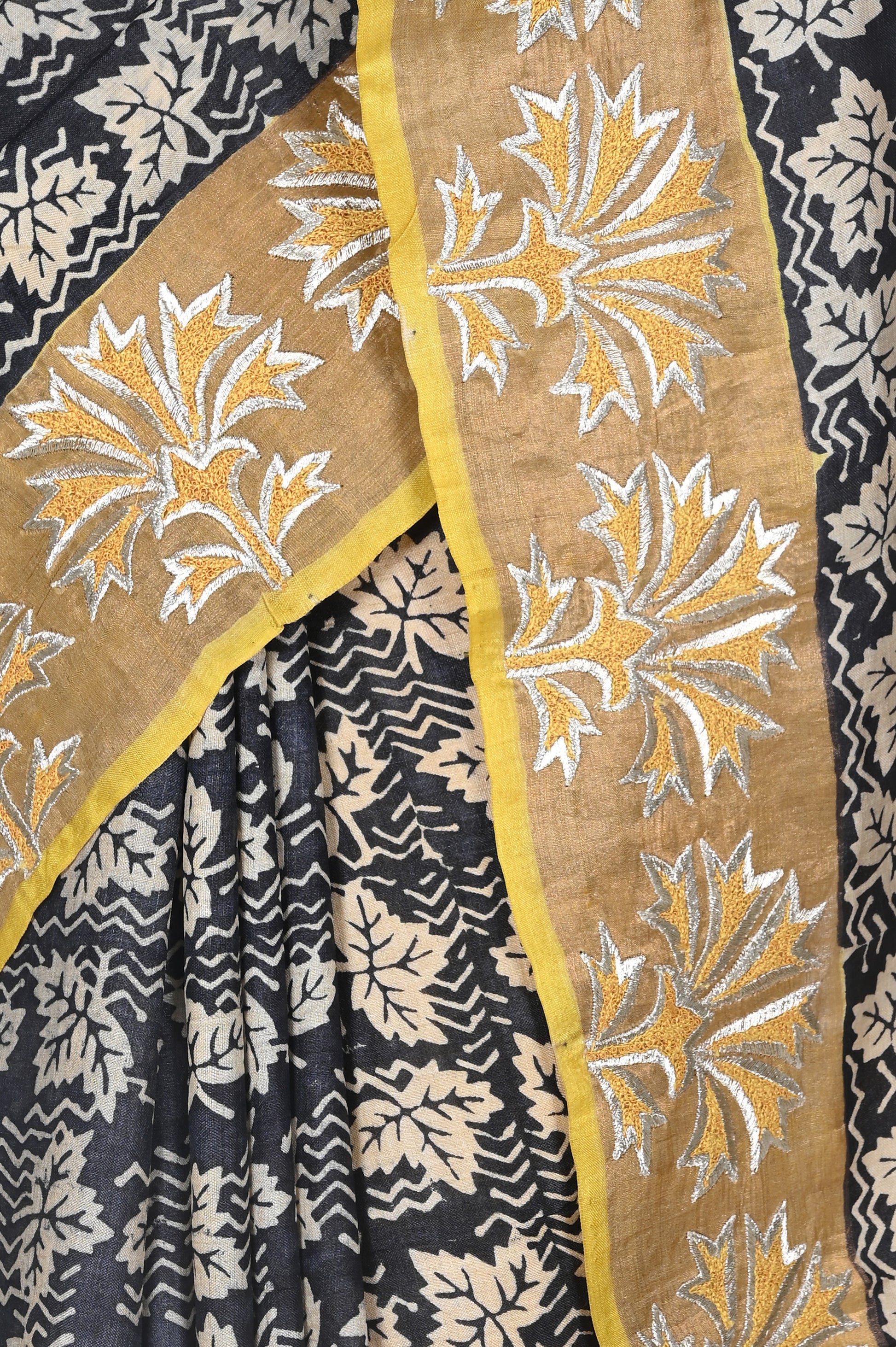 Black and Yellow Hand Block Printed Ganchi Tussar Silk with Embroiderd Zari Border Zari Border