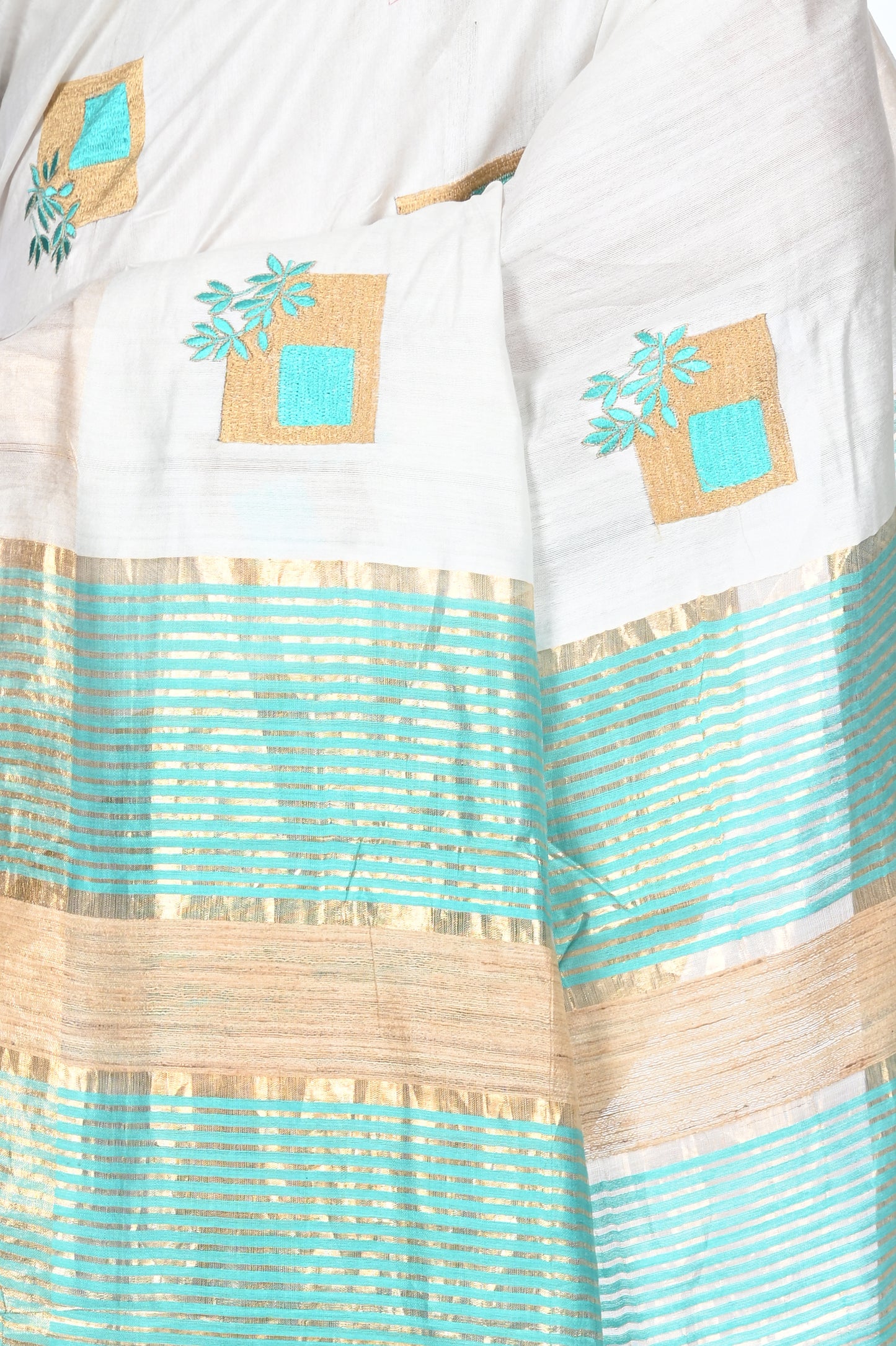 Full Body Embroidery Work on White Katan by Tussar Silk Saree with Gheecha anchal and Zari Border
