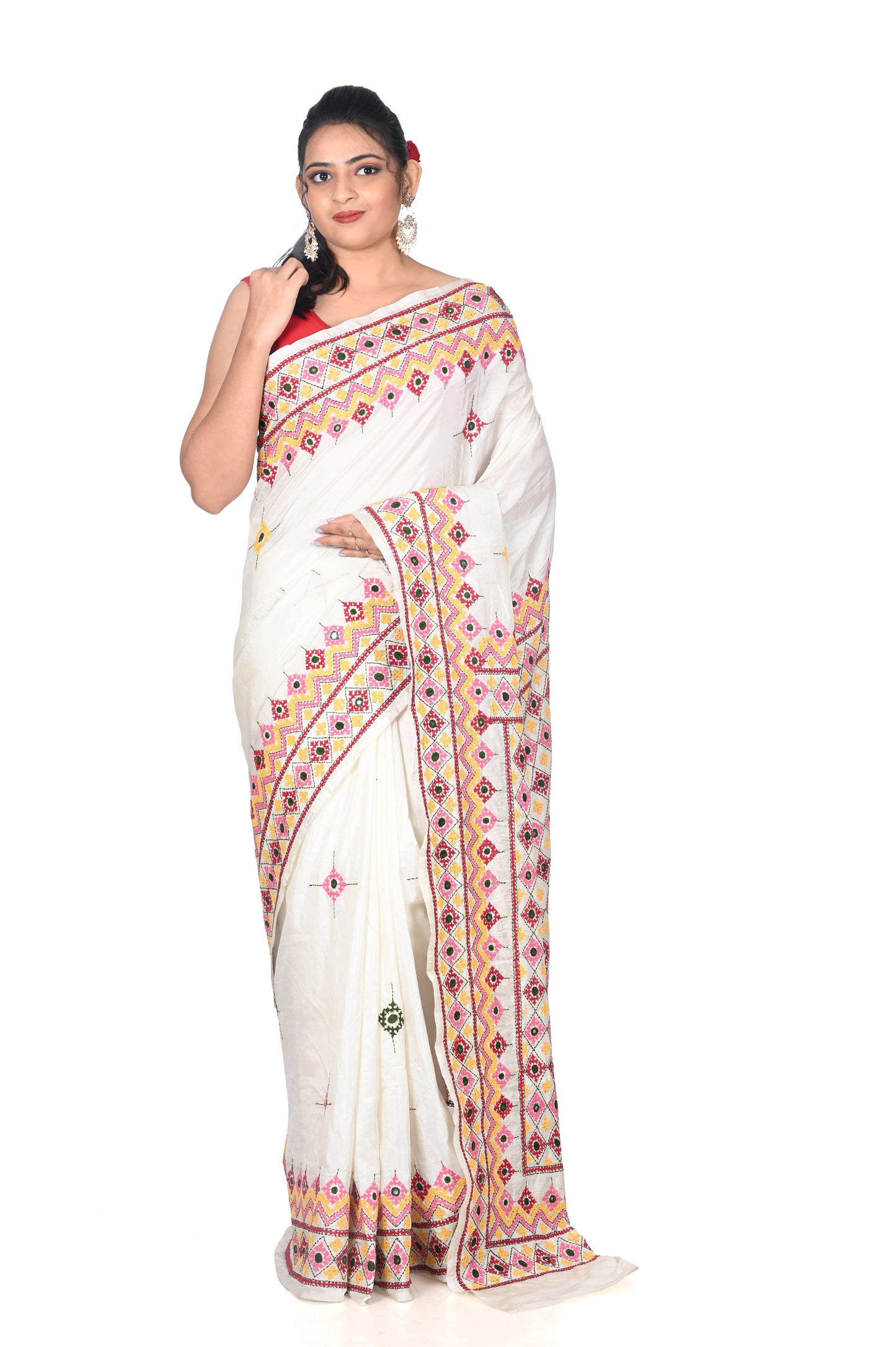 Hand Gujrati Embroidery Work on 3ply Mulberry Katan Silk Saree