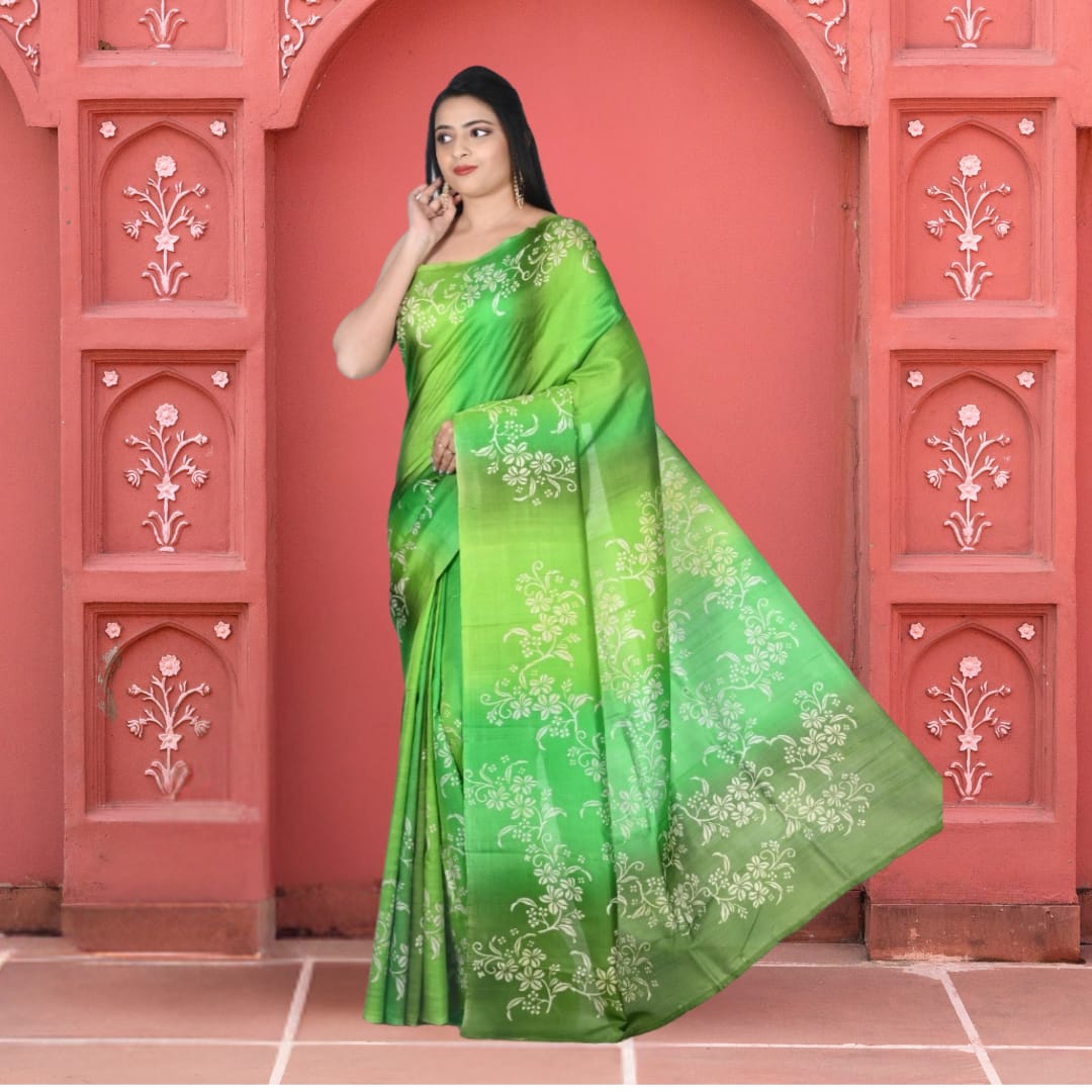 Green Colour Hand Block Printed Mulberry Katan Silk with Hand Spray Painting in the Body