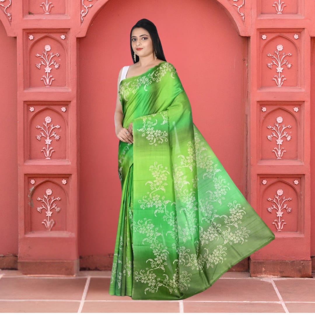 Green Colour Hand Block Printed Mulberry Katan Silk with Hand Spray Painting in the Body