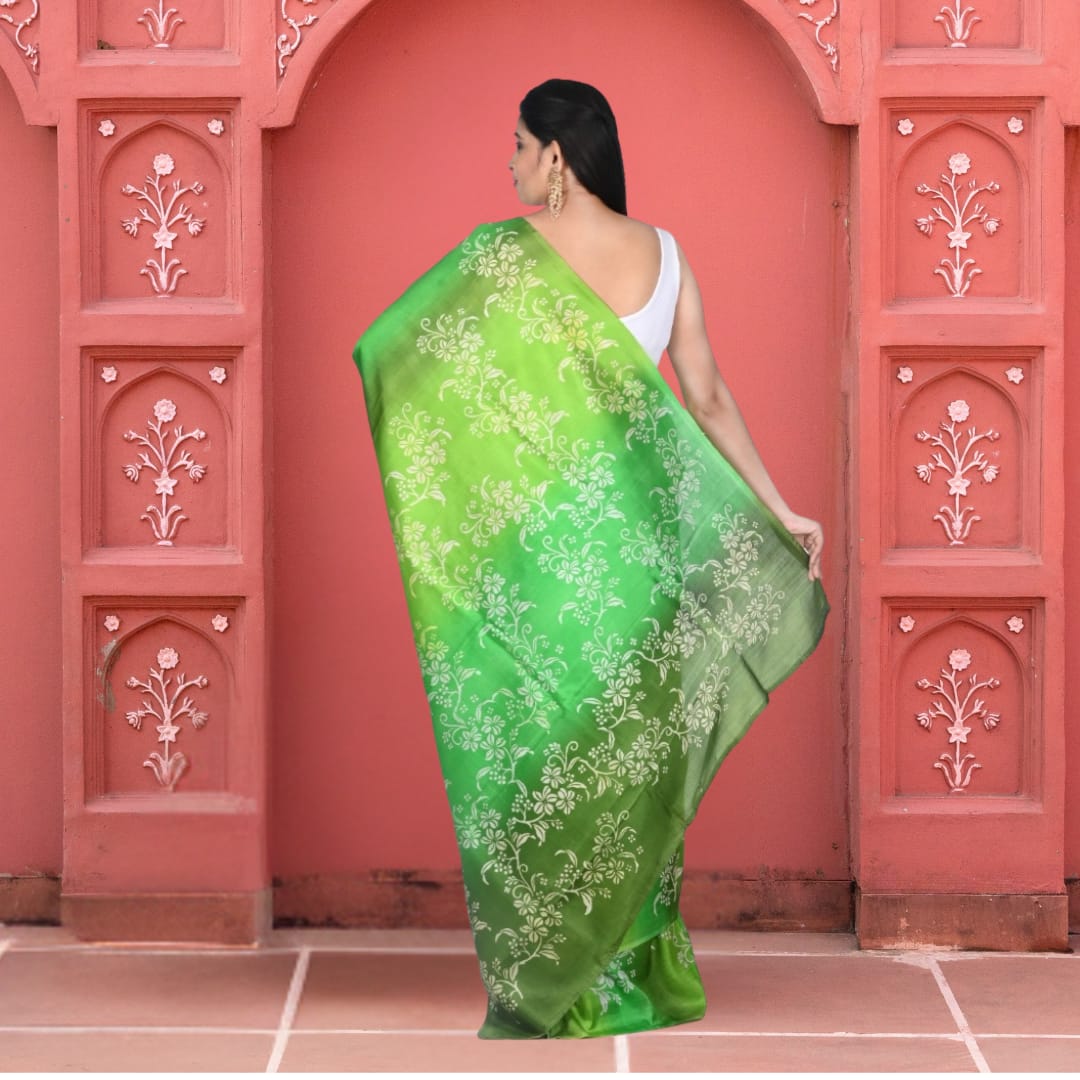 Green Colour Hand Block Printed Mulberry Katan Silk with Hand Spray Painting in the Body