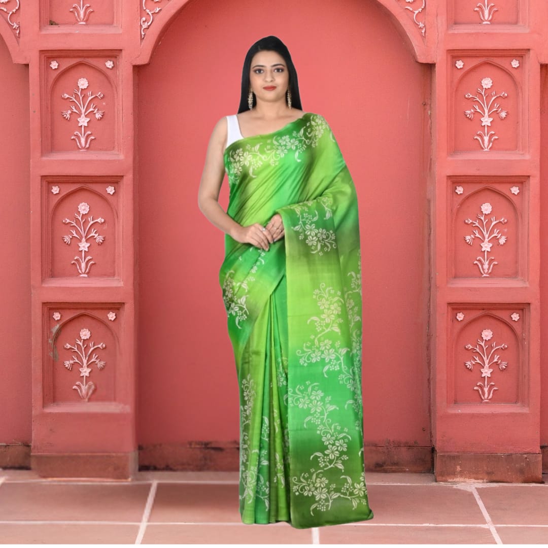 Green Colour Hand Block Printed Mulberry Katan Silk with Hand Spray Painting in the Body