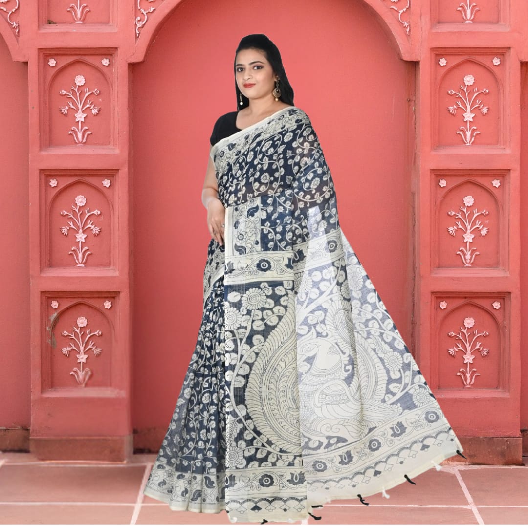 Black and White Kalamkari Linen Saree