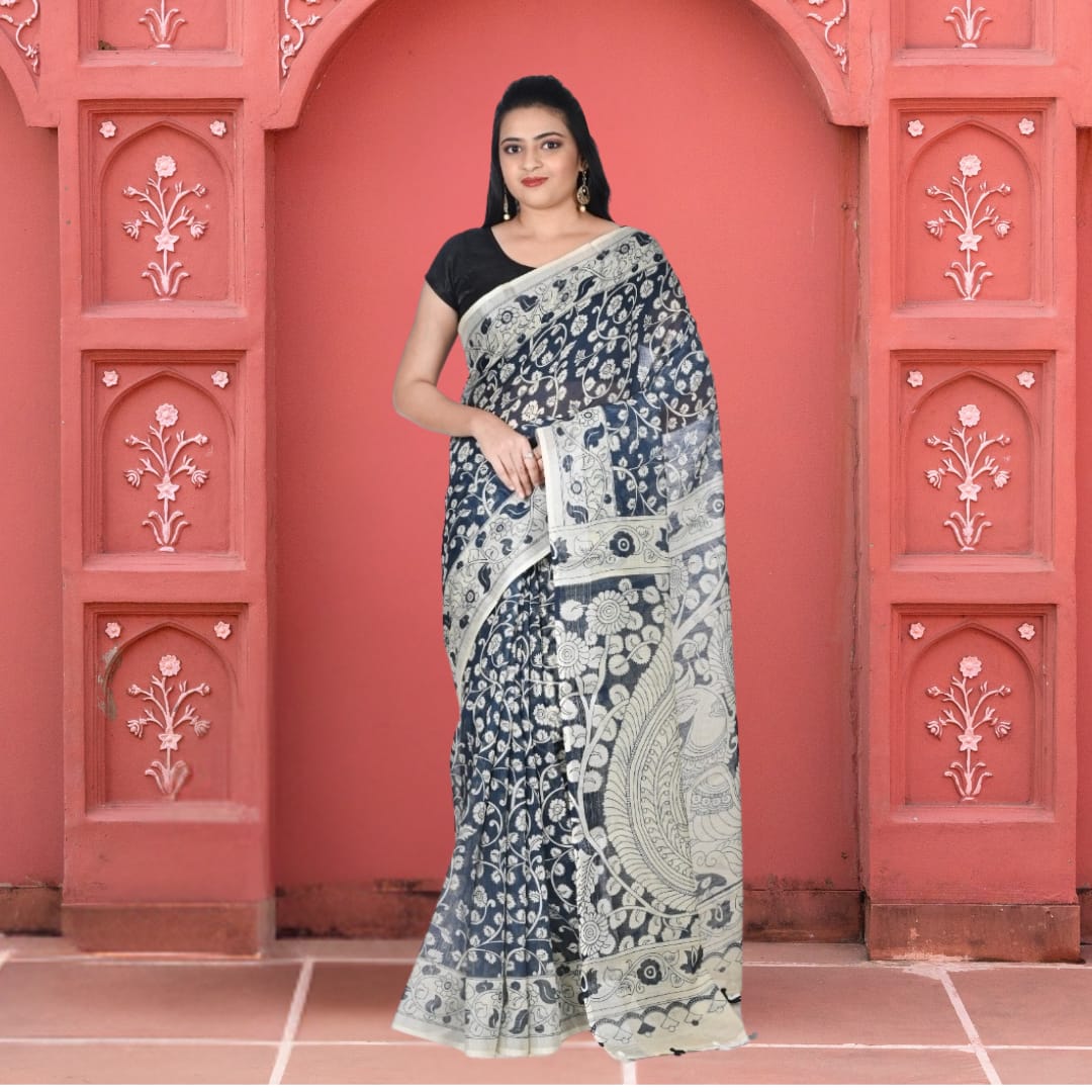Black and White Kalamkari Linen Saree