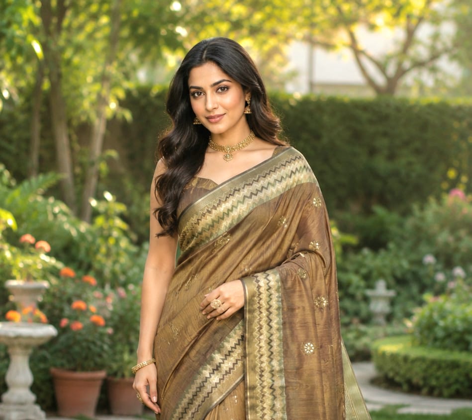 Dual Shade Brown Colour Kosa Silk Saree with Embroidery Work in the Body