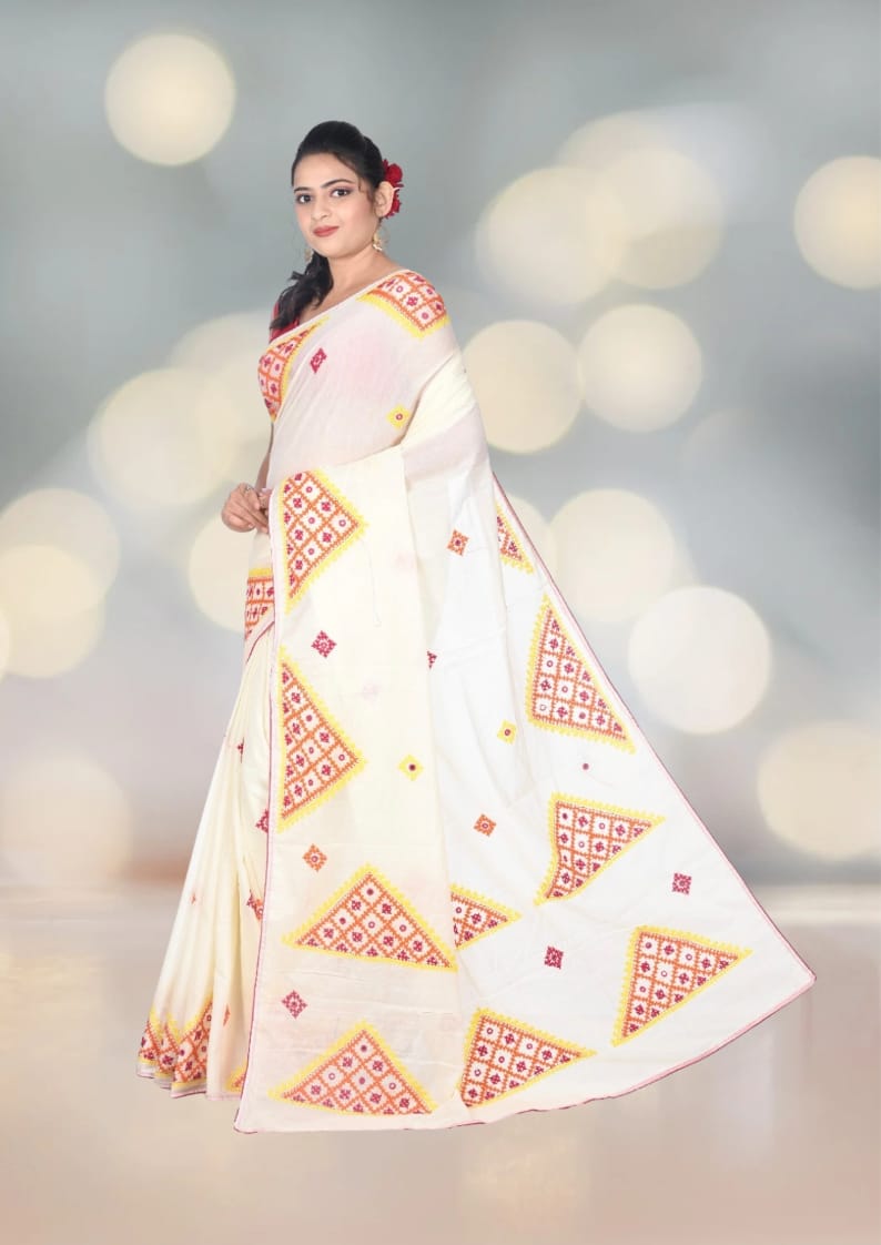 Gujrati Hand Embroidery Work on Pure Bapta Tussar Silk Saree