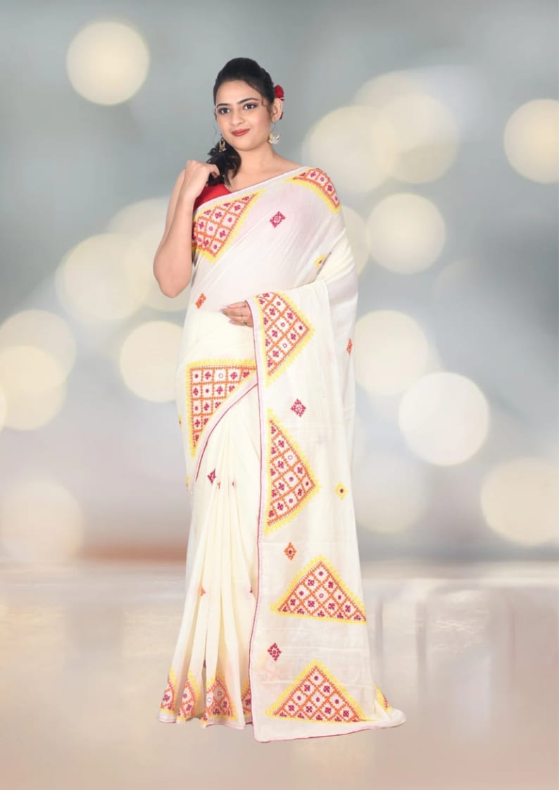 Gujrati Hand Embroidery Work on Pure Bapta Tussar Silk Saree