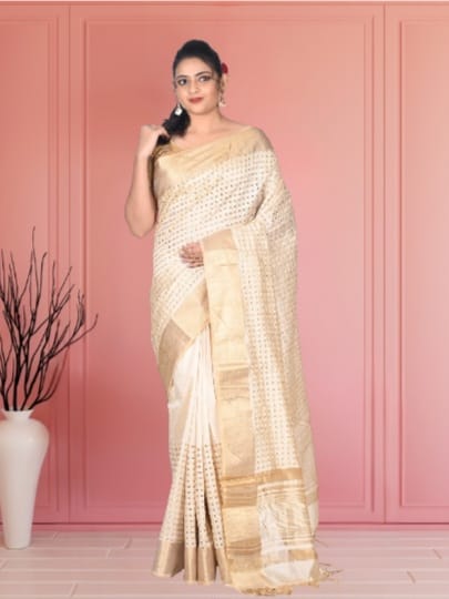 Hand Cutwork Design On Pure Ganchi Tussar Silk Saree With Zari Border
