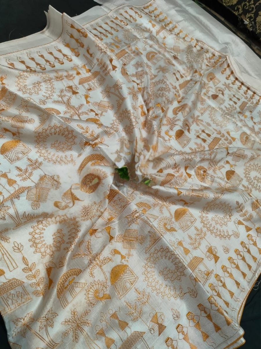 Off White Tussar Silk with Full Body Embroidery Work