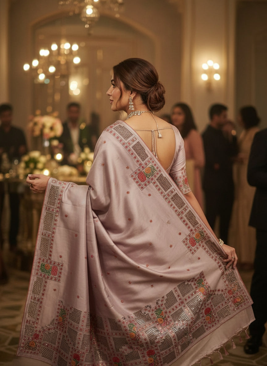Hand Cutwork and Embroidery Work on Light Violate Colour Katan Silk