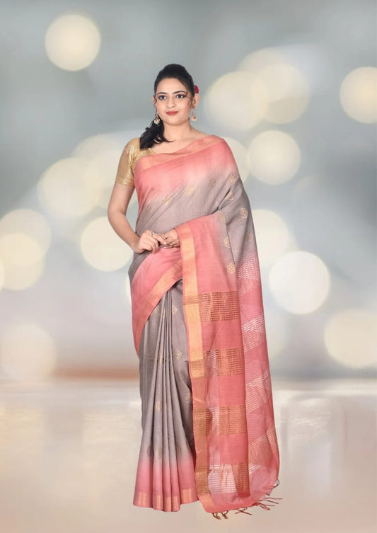 Grey and Rust Colour Tussar by Katan Silk with Zari Border and Zari Motifs in the Body