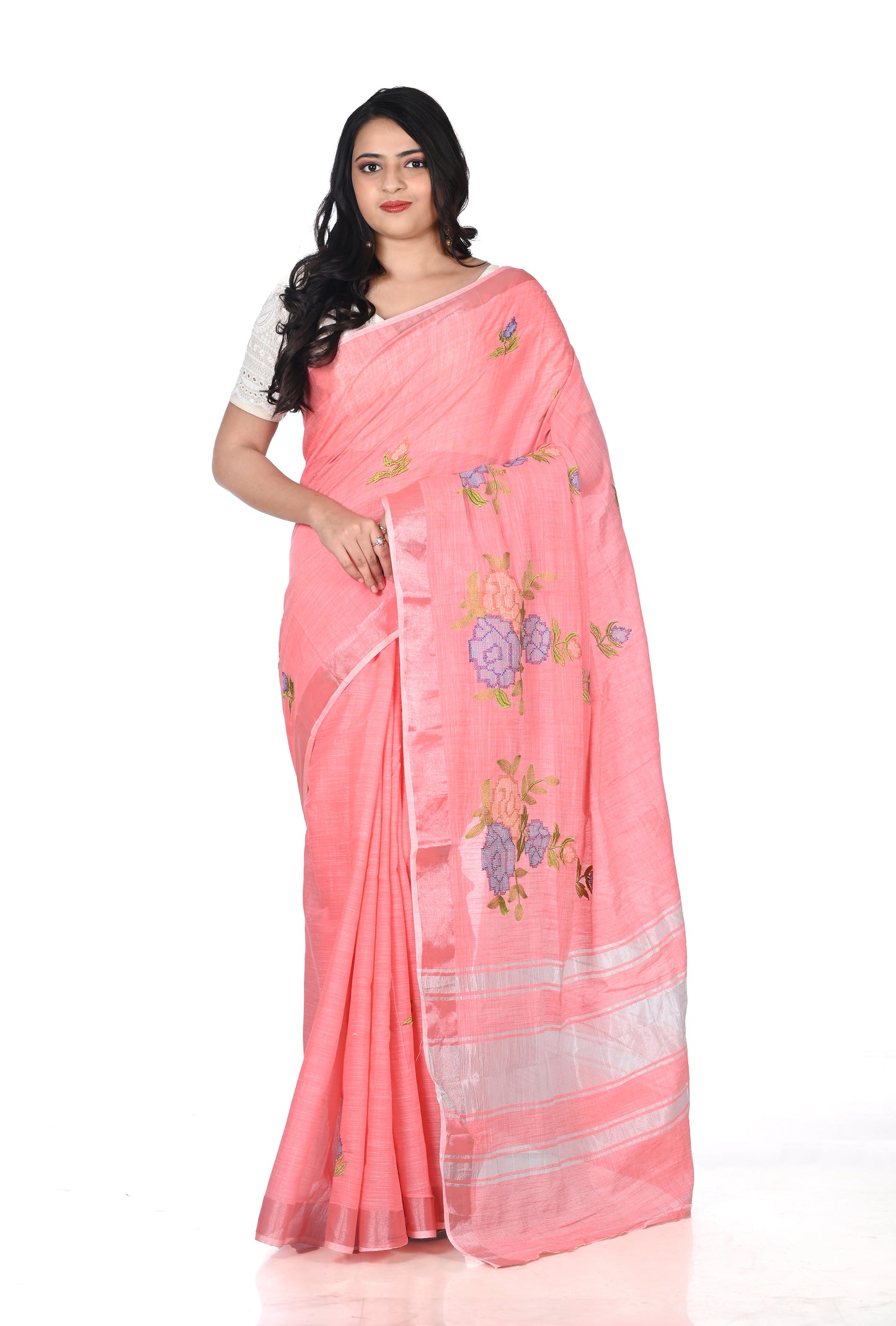 Light Orange Embroidered Linen Saree