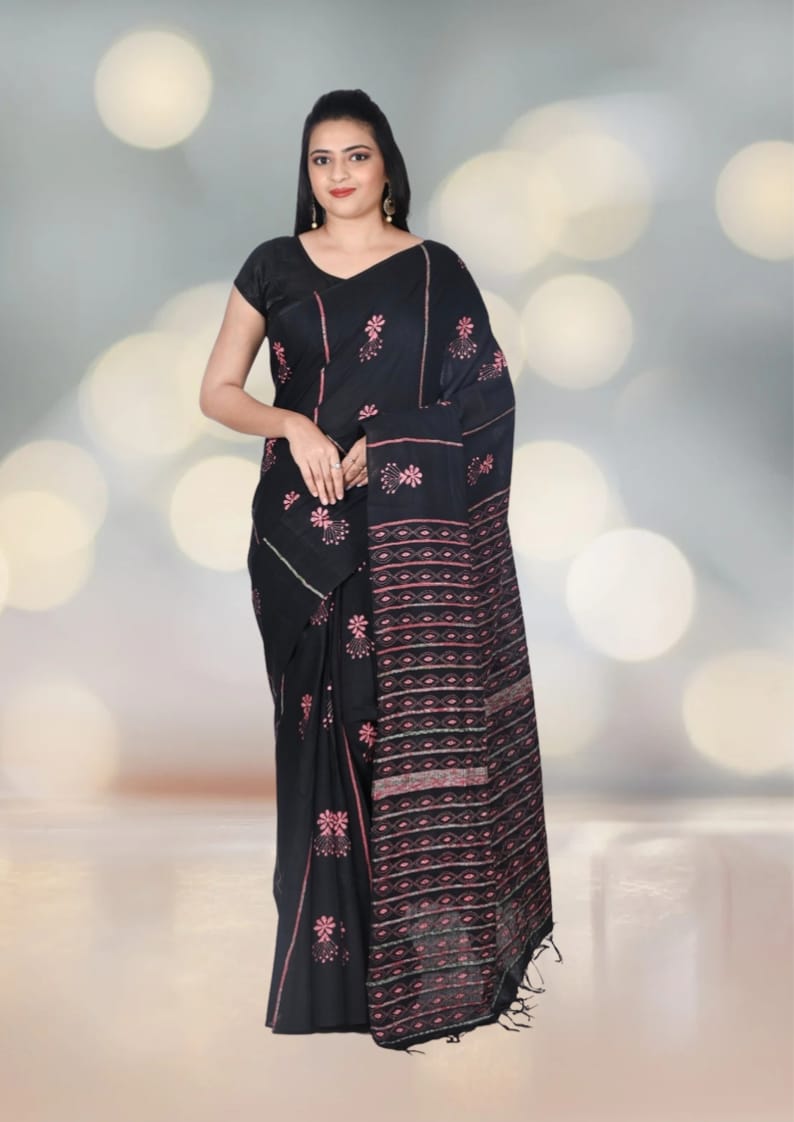 Pink Colour Hand Kantha Embroidery Work on Black Khadi Cotton Saree