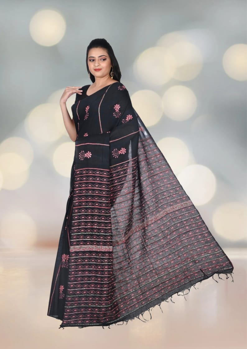 Pink Colour Hand Kantha Embroidery Work on Black Khadi Cotton Saree