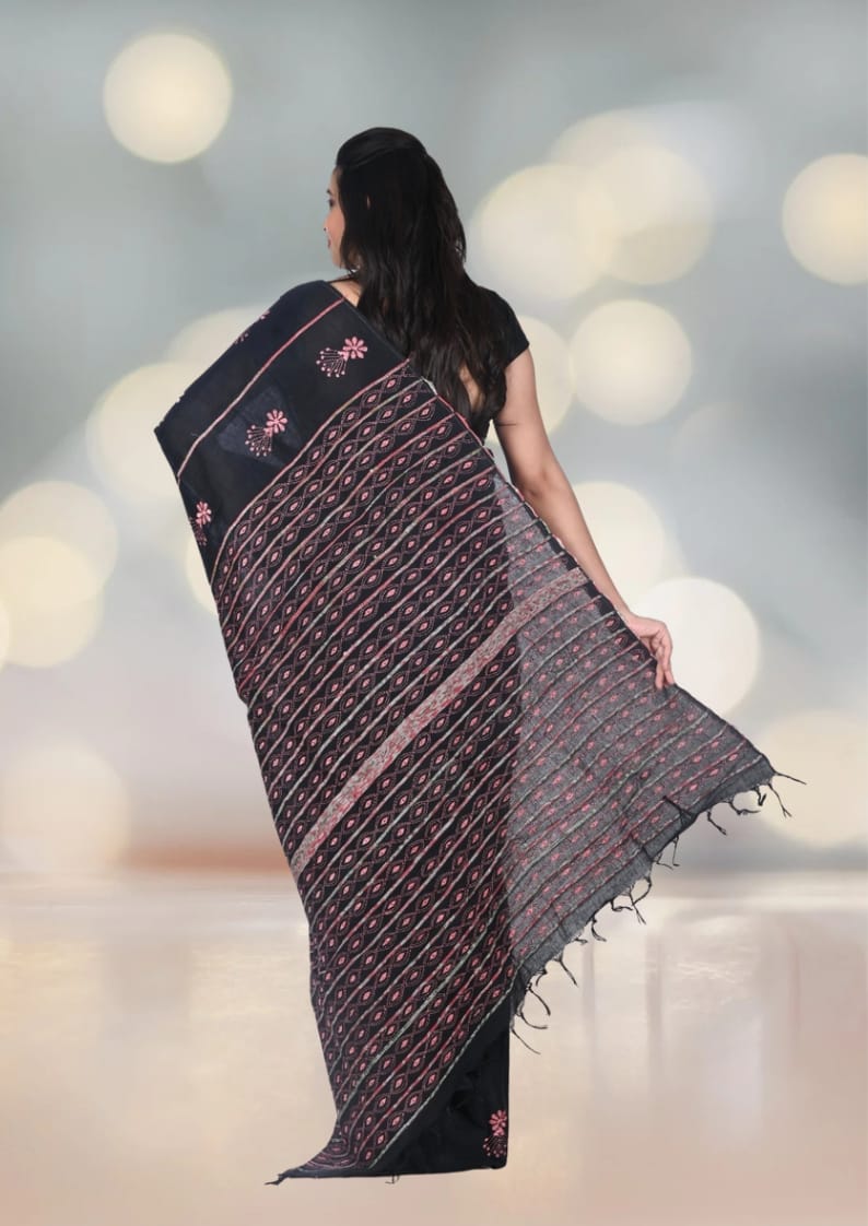 Pink Colour Hand Kantha Embroidery Work on Black Khadi Cotton Saree