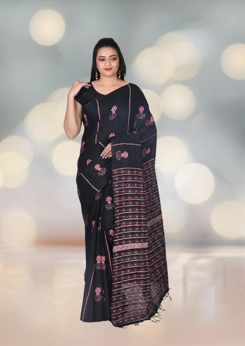 Pink Colour Hand Kantha Embroidery Work on Black Khadi Cotton Saree